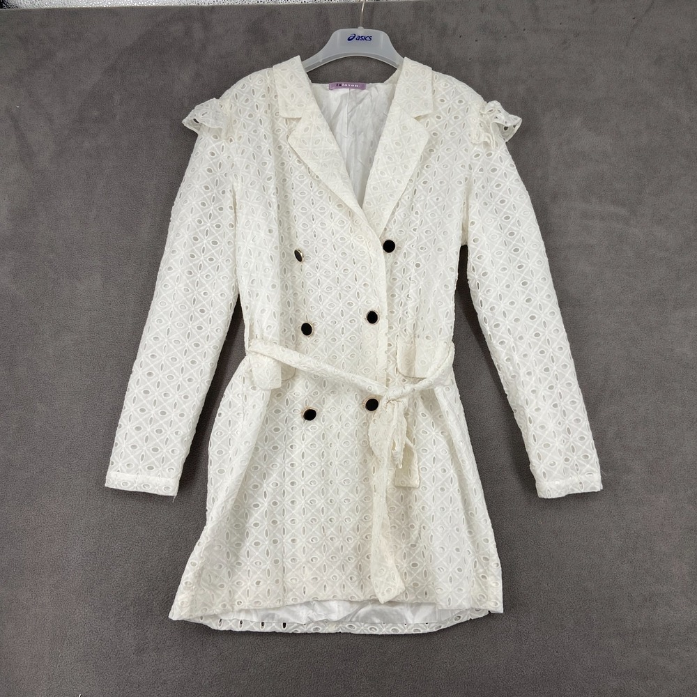 Lalavon Trench Coat Womens Medium White Eyelet Tie Waist Double Breasted Formal